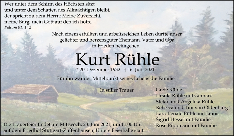  Traueranzeige für Kurt Rühle vom 19.06.2021 aus Stuttgarter Zeitung / Stuttgarter Nachrichten