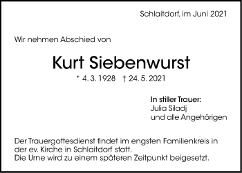 Traueranzeige von Kurt Siebenwurst von Stuttgarter Zeitung / Stuttgarter Nachrichten