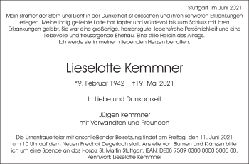 Traueranzeige von Lieselotte Kemmner von Stuttgarter Zeitung / Stuttgarter Nachrichten