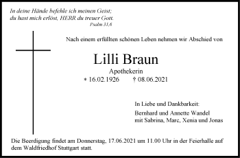Traueranzeige von Lilli Braun von Stuttgarter Zeitung / Stuttgarter Nachrichten
