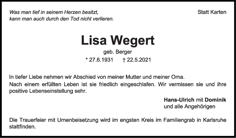  Traueranzeige für Lisa Wegert vom 05.06.2021 aus Stuttgarter Zeitung / Stuttgarter Nachrichten