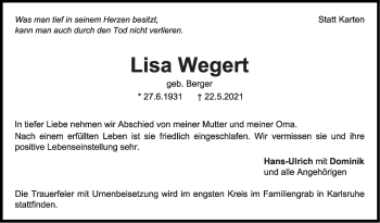 Traueranzeige von Lisa Wegert von Stuttgarter Zeitung / Stuttgarter Nachrichten