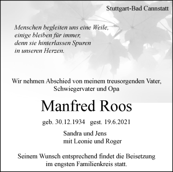 Traueranzeige von Manfred Roos von Stuttgarter Zeitung / Stuttgarter Nachrichten