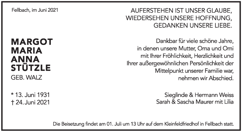  Traueranzeige für Margot Maria Anna Stützle vom 26.06.2021 aus Stuttgarter Zeitung / Stuttgarter Nachrichten