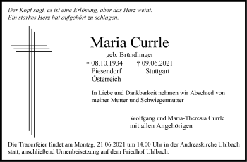 Traueranzeige von Maria Currle von Stuttgarter Zeitung / Stuttgarter Nachrichten