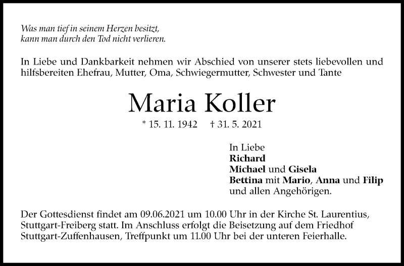  Traueranzeige für Maria Koller vom 05.06.2021 aus Stuttgarter Zeitung / Stuttgarter Nachrichten