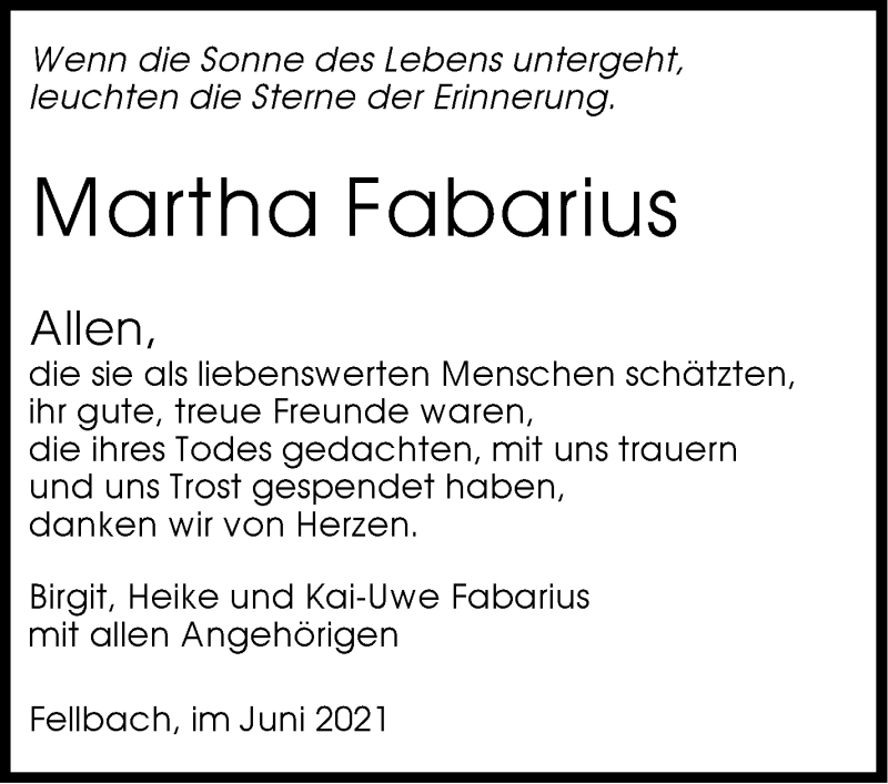  Traueranzeige für Martha Fabarius vom 05.06.2021 aus Stuttgarter Zeitung / Stuttgarter Nachrichten