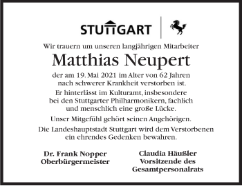 Traueranzeige von Matthias Neupert von Stuttgarter Zeitung / Stuttgarter Nachrichten