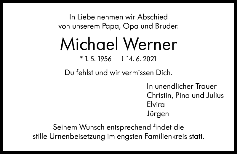  Traueranzeige für Michael Werner vom 26.06.2021 aus Stuttgarter Zeitung / Stuttgarter Nachrichten
