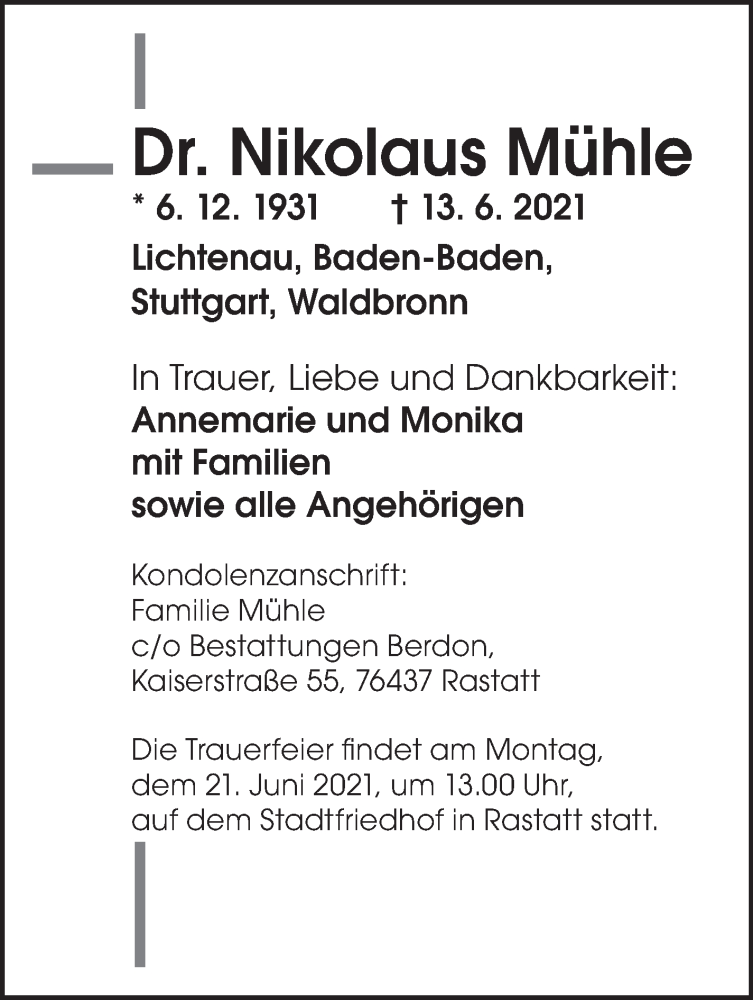  Traueranzeige für Nikolaus Mühle vom 19.06.2021 aus Stuttgarter Zeitung / Stuttgarter Nachrichten