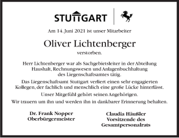 Traueranzeige von Oliver Lichtenberger von Stuttgarter Zeitung / Stuttgarter Nachrichten