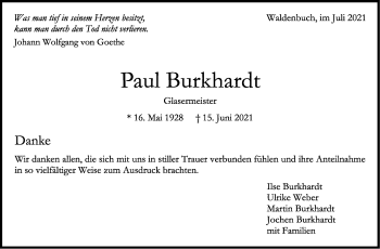 Traueranzeige von Paul Burkhardt von Stuttgarter Zeitung / Stuttgarter Nachrichten