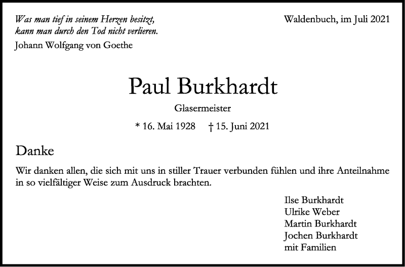  Traueranzeige für Paul Burkhardt vom 01.07.2021 aus Stuttgarter Zeitung / Stuttgarter Nachrichten