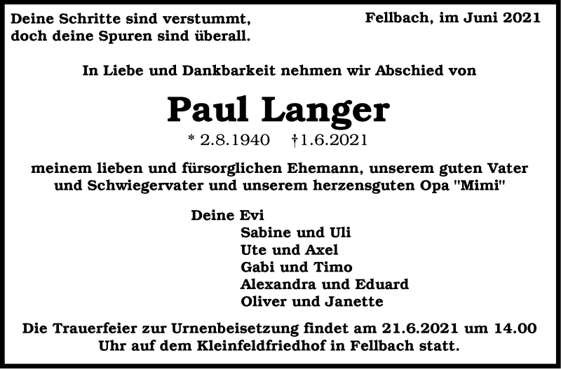  Traueranzeige für Paul Langer vom 16.06.2021 aus Stuttgarter Zeitung / Stuttgarter Nachrichten