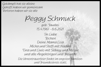 Traueranzeige von Peggy Schmuck von Stuttgarter Zeitung / Stuttgarter Nachrichten