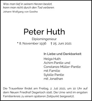 Traueranzeige von Peter Huth von Stuttgarter Zeitung / Stuttgarter Nachrichten