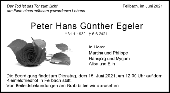 Traueranzeige von Peter Hans Günther Egeler von Stuttgarter Zeitung / Stuttgarter Nachrichten