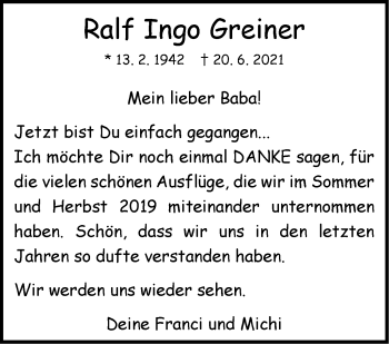 Traueranzeige von Ralf Ingo Greiner von Stuttgarter Zeitung / Stuttgarter Nachrichten