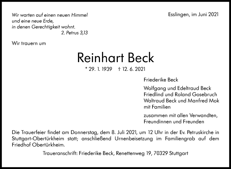  Traueranzeige für Reinhart Beck vom 26.06.2021 aus Stuttgarter Zeitung / Stuttgarter Nachrichten