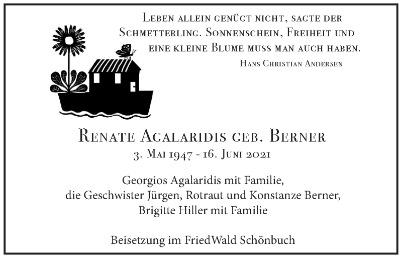  Traueranzeige für Renate Agalaridis vom 26.06.2021 aus Stuttgarter Zeitung / Stuttgarter Nachrichten