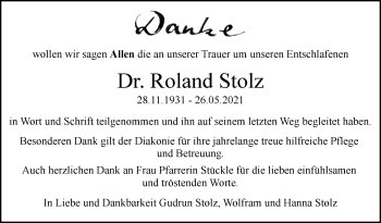 Traueranzeige von Roland Stolz von Stuttgarter Zeitung / Stuttgarter Nachrichten