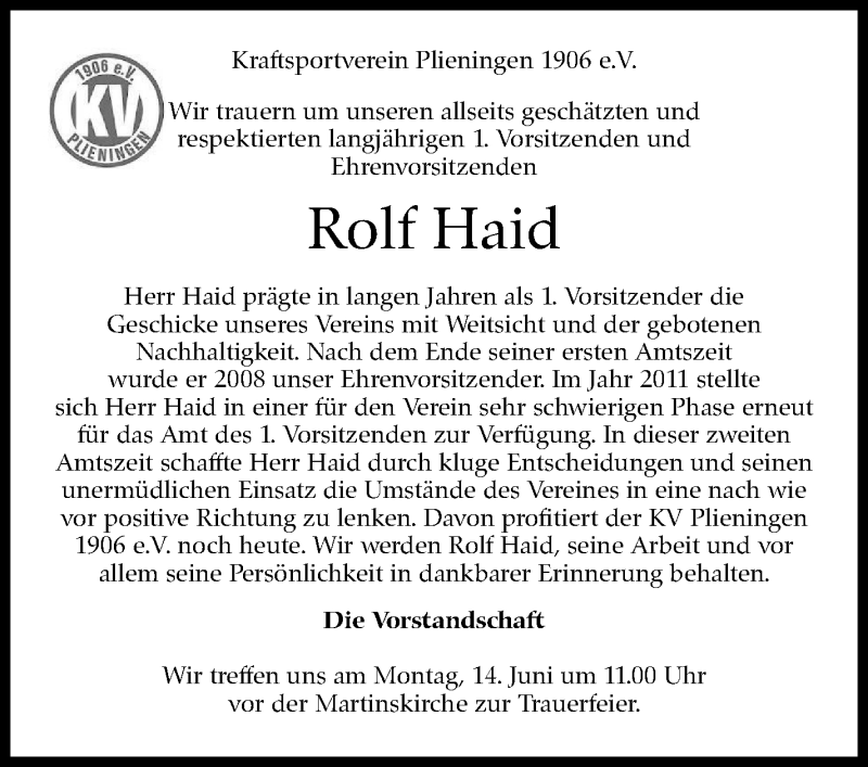  Traueranzeige für Rolf Haid vom 12.06.2021 aus Stuttgarter Zeitung / Stuttgarter Nachrichten