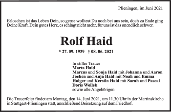 Traueranzeige von Rolf Haid von Stuttgarter Zeitung / Stuttgarter Nachrichten