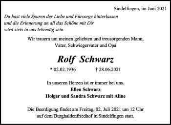 Traueranzeige von Rolf Schwarz von Stuttgarter Zeitung / Stuttgarter Nachrichten
