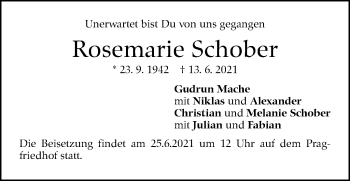 Traueranzeige von Rosemarie Schober von Stuttgarter Zeitung / Stuttgarter Nachrichten