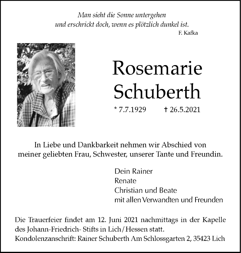  Traueranzeige für Rosemarie Schuberth vom 05.06.2021 aus Stuttgarter Zeitung / Stuttgarter Nachrichten