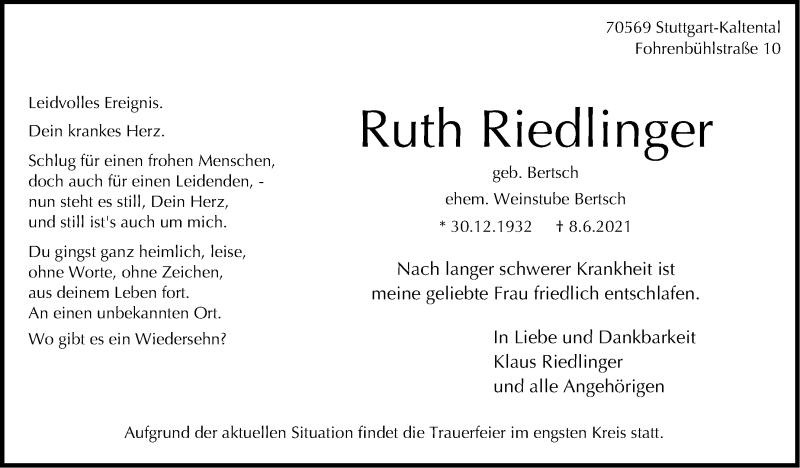  Traueranzeige für Ruth Riedlinger vom 12.06.2021 aus Stuttgarter Zeitung / Stuttgarter Nachrichten