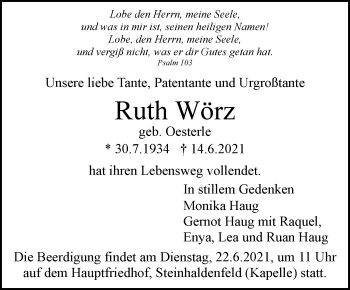 Traueranzeige von Ruth Wörz von Stuttgarter Zeitung / Stuttgarter Nachrichten