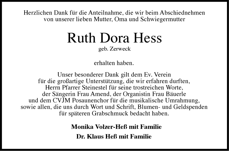  Traueranzeige für Ruth Dora Hess vom 12.06.2021 aus Stuttgarter Zeitung / Stuttgarter Nachrichten