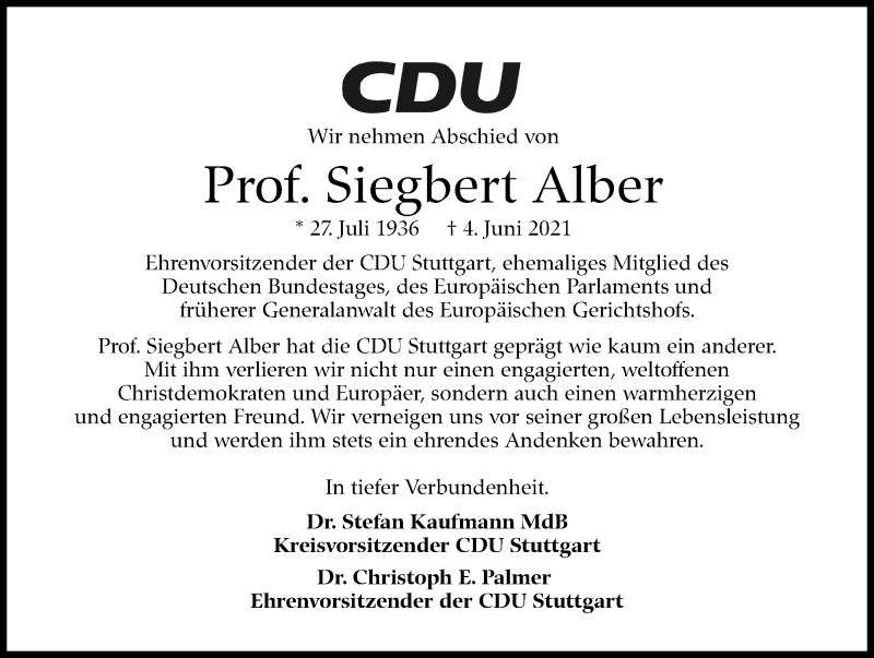  Traueranzeige für Siegbert Alber vom 12.06.2021 aus Stuttgarter Zeitung / Stuttgarter Nachrichten