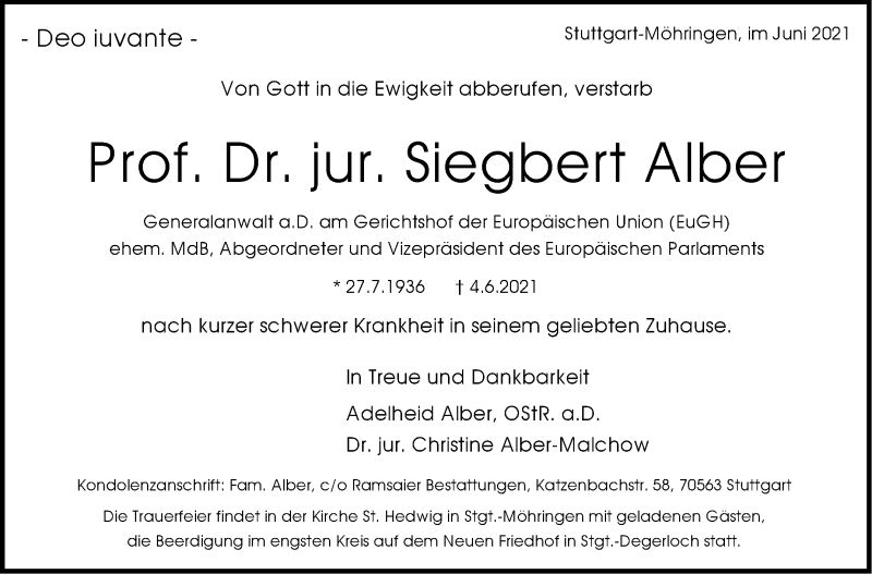  Traueranzeige für Siegbert Alber vom 12.06.2021 aus Stuttgarter Zeitung / Stuttgarter Nachrichten