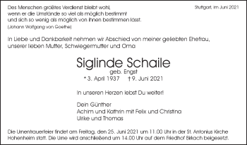 Traueranzeige von Siglinde Schaile von Stuttgarter Zeitung / Stuttgarter Nachrichten