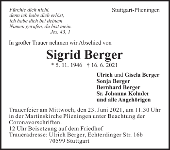 Traueranzeige von Sigrid Berger von Stuttgarter Zeitung / Stuttgarter Nachrichten