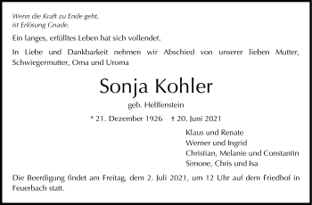 Traueranzeige von Sonja Kohler von Stuttgarter Zeitung / Stuttgarter Nachrichten