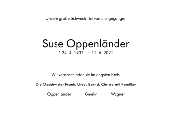 Traueranzeige von Suse Oppenländer von Stuttgarter Zeitung / Stuttgarter Nachrichten