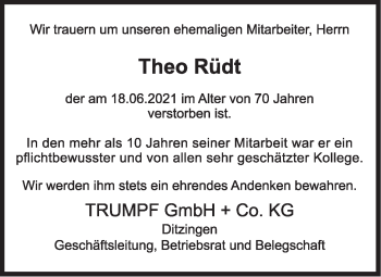Traueranzeige von Theo Rüdt von Stuttgarter Zeitung / Stuttgarter Nachrichten