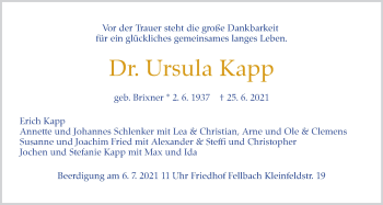 Traueranzeige von Ursula Kapp von Stuttgarter Zeitung / Stuttgarter Nachrichten