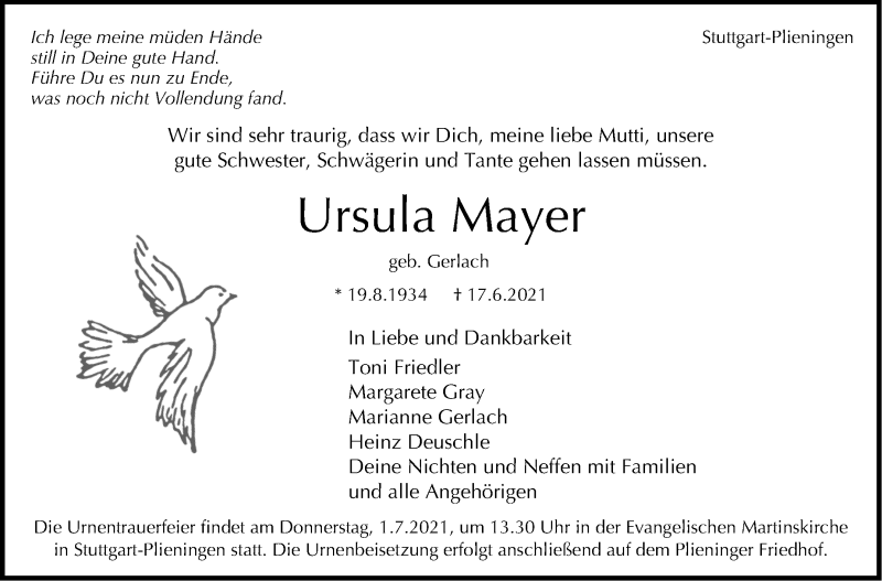  Traueranzeige für Ursula Mayer vom 23.06.2021 aus Stuttgarter Zeitung / Stuttgarter Nachrichten