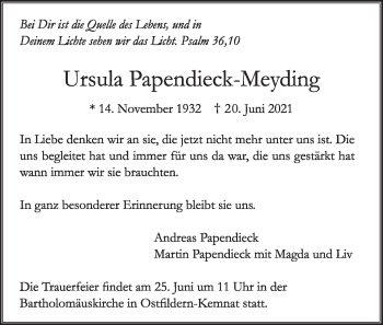 Traueranzeige von Ursula Papendieck-Meyding von Stuttgarter Zeitung / Stuttgarter Nachrichten