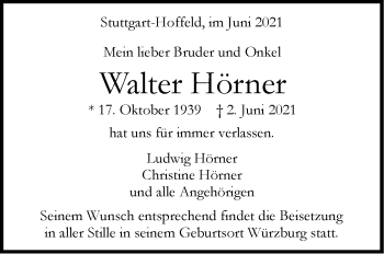 Traueranzeige von Walter Hörner von Stuttgarter Zeitung / Stuttgarter Nachrichten