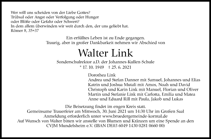  Traueranzeige für Walter Link vom 29.06.2021 aus Stuttgarter Zeitung / Stuttgarter Nachrichten