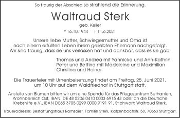Traueranzeige von Waltraud Sterk von Stuttgarter Zeitung / Stuttgarter Nachrichten
