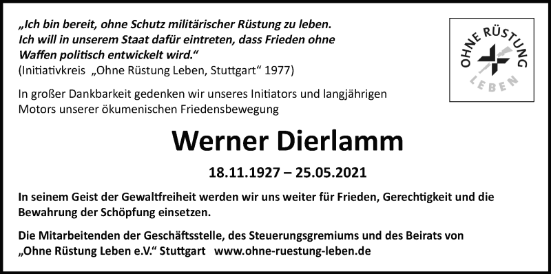  Traueranzeige für Werner Dierlamm vom 12.06.2021 aus Stuttgarter Zeitung / Stuttgarter Nachrichten