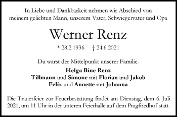 Traueranzeige von Werner Renz von Stuttgarter Zeitung / Stuttgarter Nachrichten