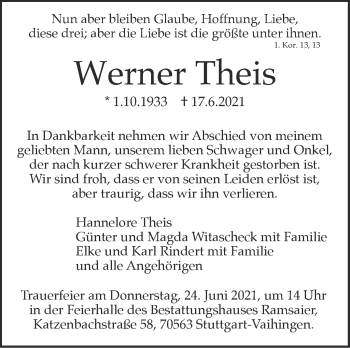 Traueranzeige von Werner Theis von Stuttgarter Zeitung / Stuttgarter Nachrichten