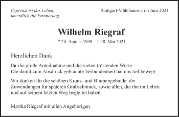 Traueranzeige von Wilhelm Riegraf von Stuttgarter Zeitung / Stuttgarter Nachrichten